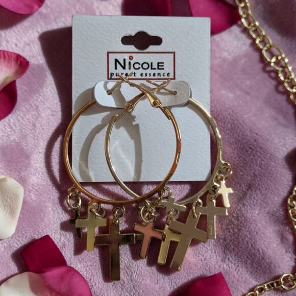 Jewelry - Gold Tone Cross Hoop Earrings, Christian Dangle Earrings, Faith Jewelry, Boho